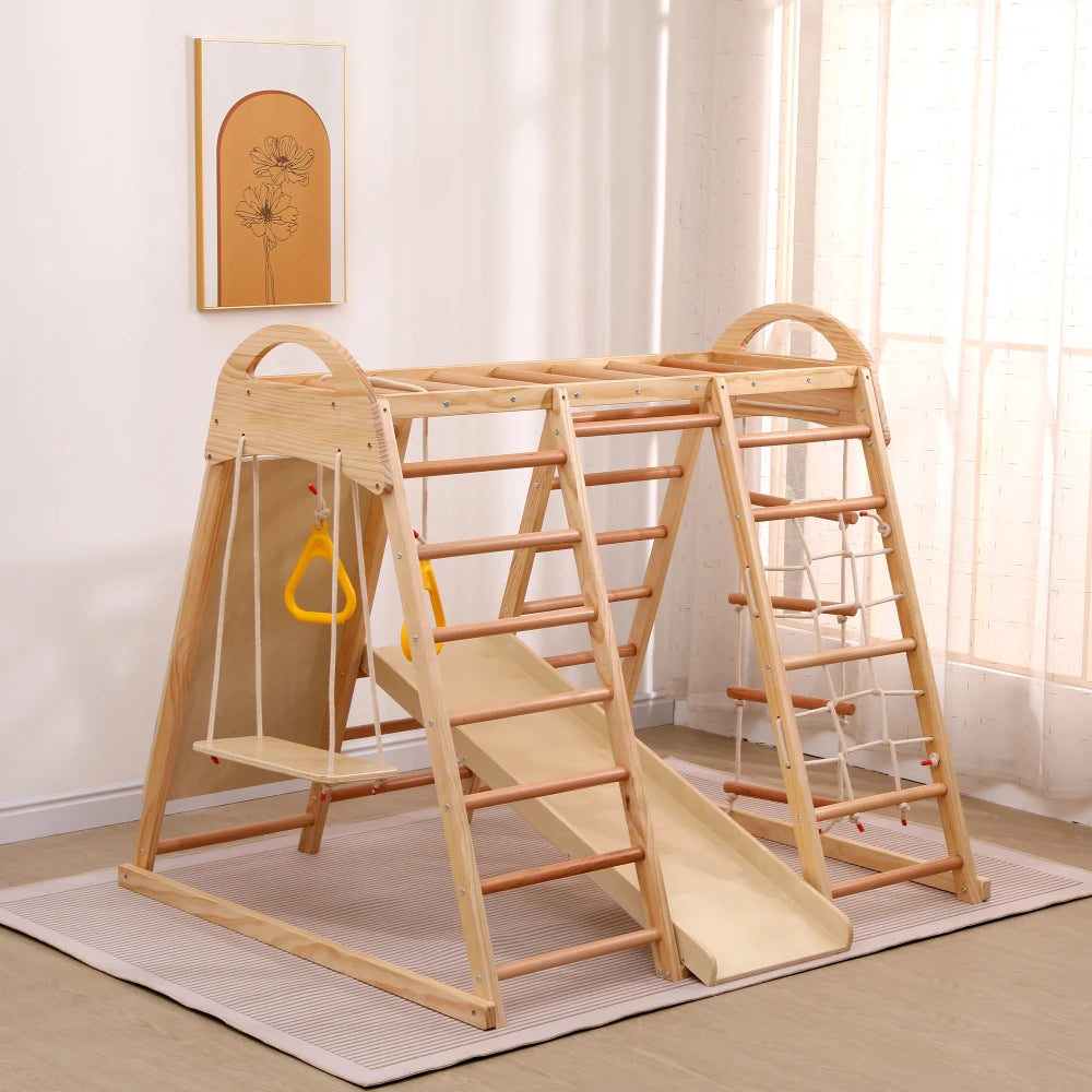 7-in-1 Climbing Scaffold, Include Swing, Swing Rings, Climbing Ladder, Climbing Board, Climbing Net, Slide, for Children's Room