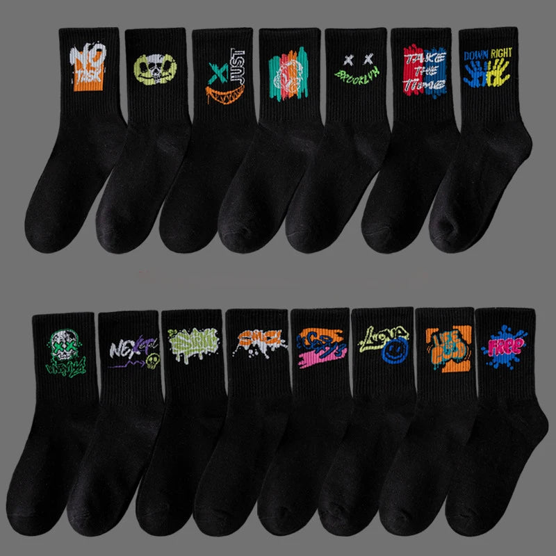 5/10 Pairs of High-Quality Couple's Fashionable Sports Socks With Graffiti Patterns Soft and Comfortable Men's Oversized Socks