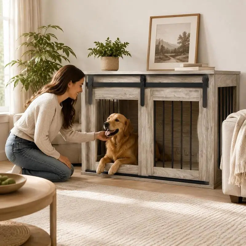 Cage Caisse for Dog Animals Interior Sliding Door, Metal Effect Wood, Dim. 57H X 80W X 54L cm