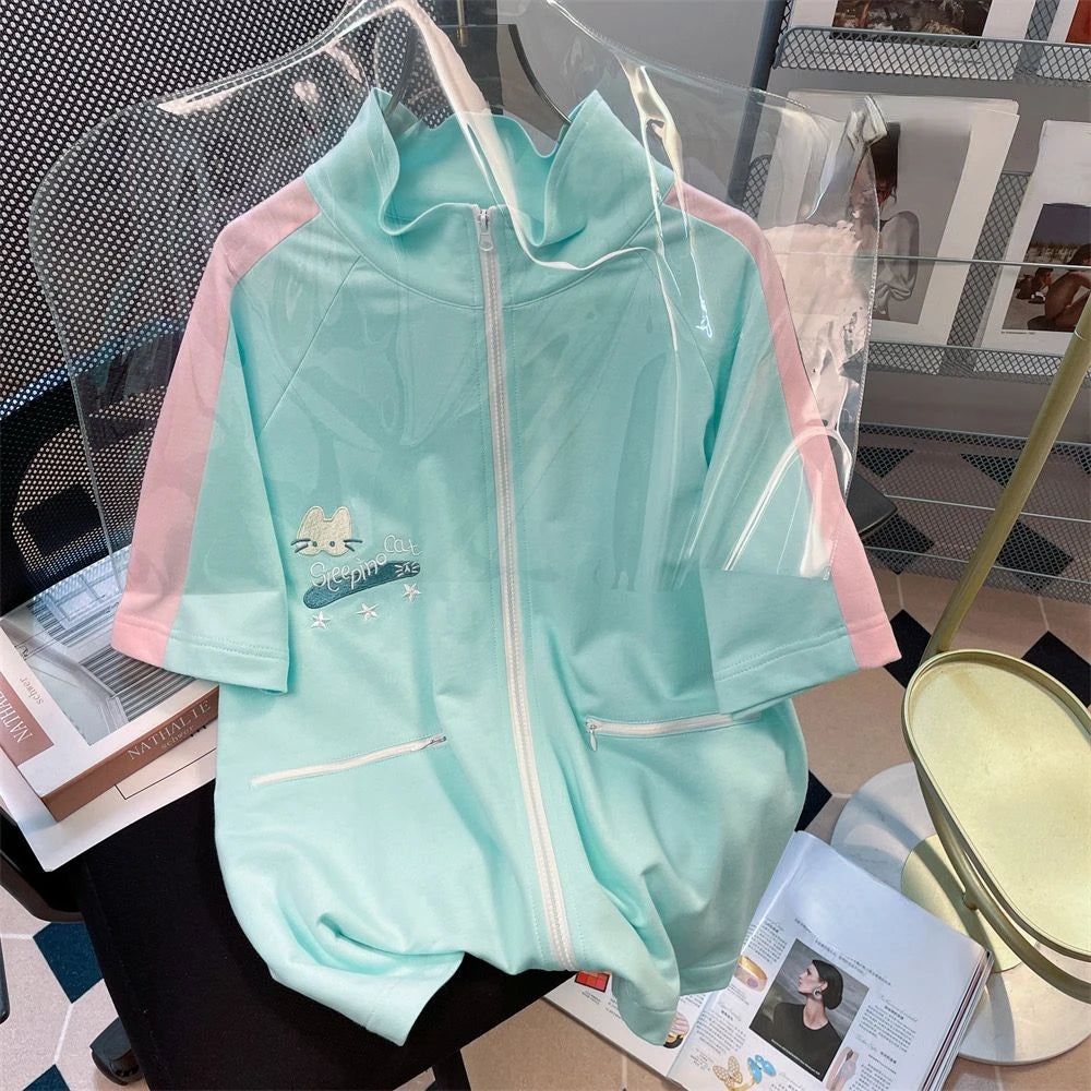 Summer Cartoon Embroidery Two Piece Set Women Hoodie Harajuku Shorts Outfits Tops Contrast Color Casual Loose Y2k Aesthetic Suit