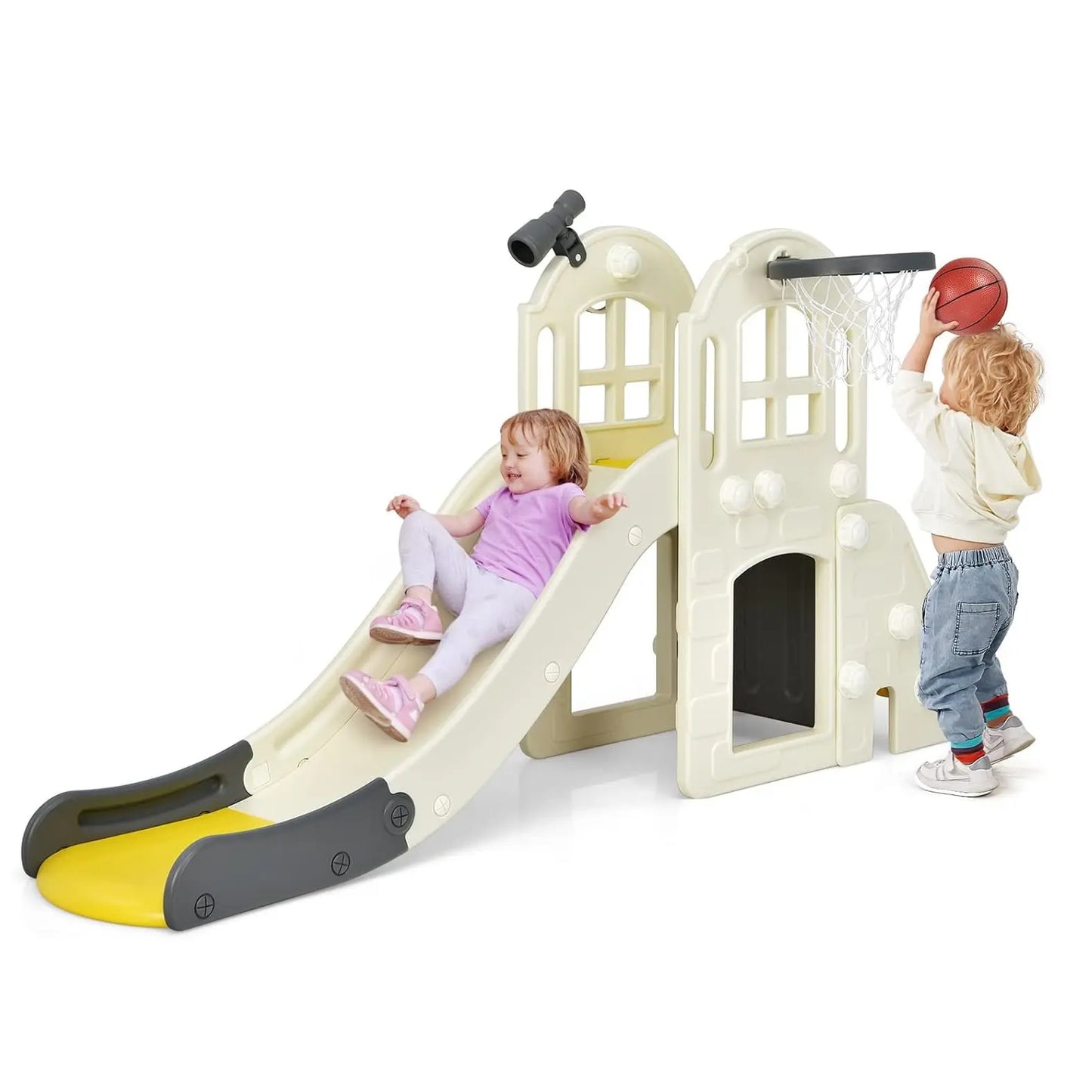 Children's Slide,6-in-1 Children's Slide&Ladder&Basketball Hoop&Throw Ring&Telescopic&Tunnel,Children's Playground