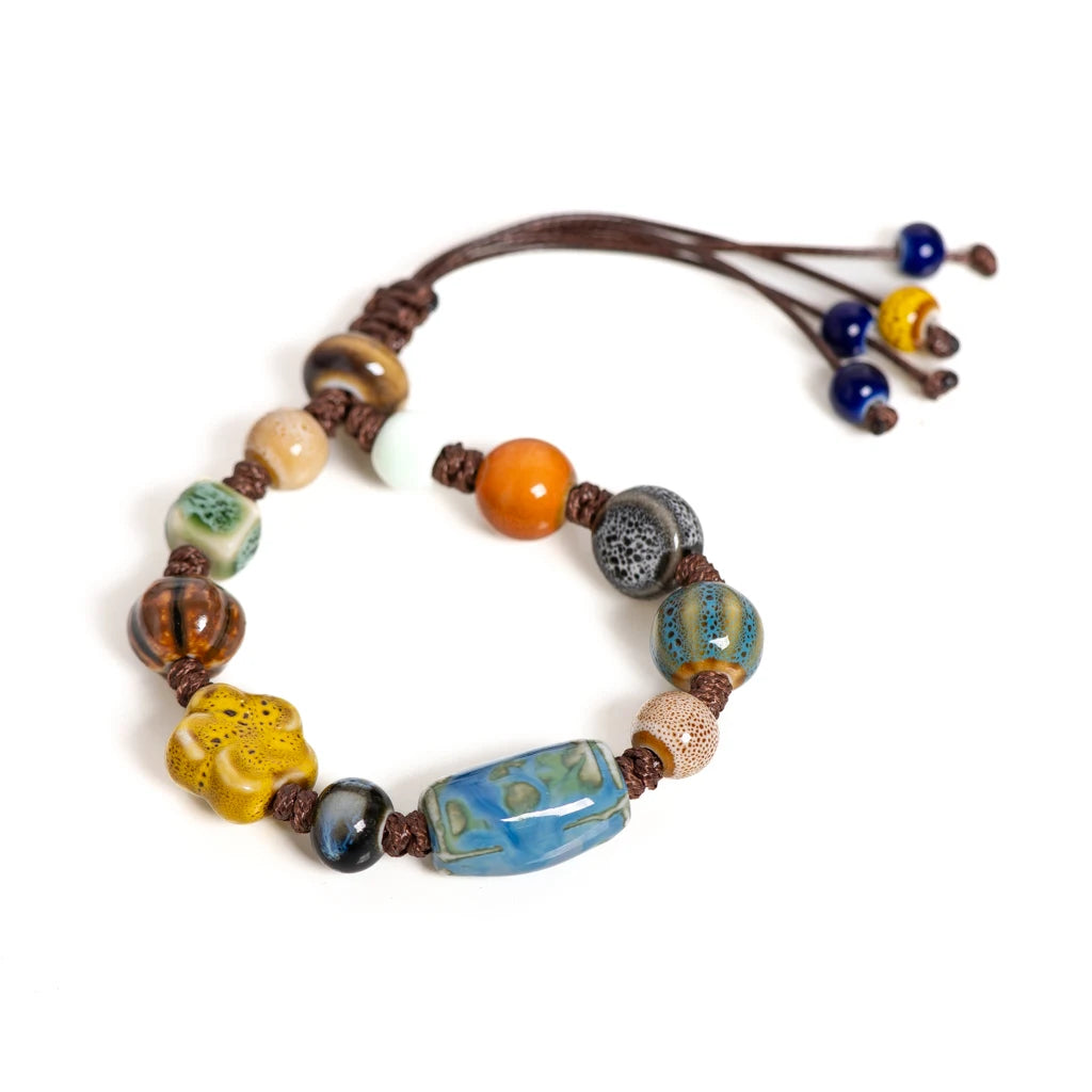Handmade Ceramic Beaded Bracelet Adjustable Boho Woven Jewelry Vintage Ethnic Style Gift for Women Fashion Accessories S02-035