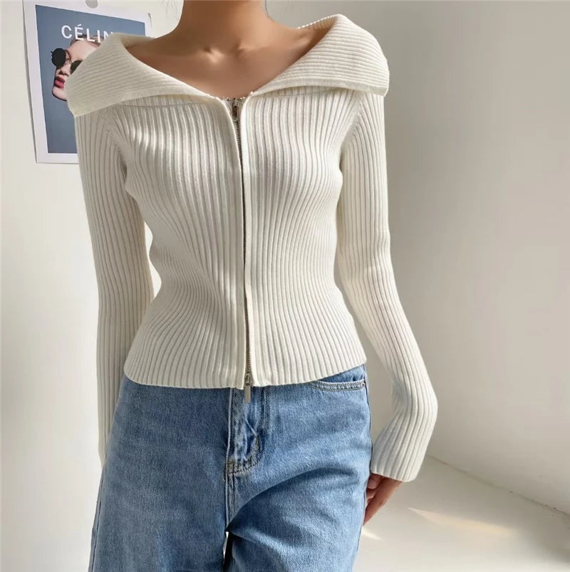 LUNDUNSHIJIA 2026 New Autumn Women Elegant Thickened Zipper Sweaters For Women Rose Red Fashion Short Female Cardigan 4 Colors
