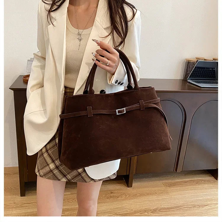 Vintage Satin-Leather Tote Bag – Casual Style with Buckle Closure, Large Capacity for Commuting & Everyday Shoulder Carry