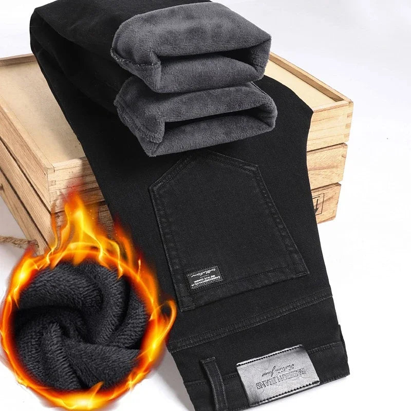 Men's Winter Stretch Fleece Jeans Thickened Warm Loose Straight Velvet Denim Trousers Classic Business Casual Black Work Pants