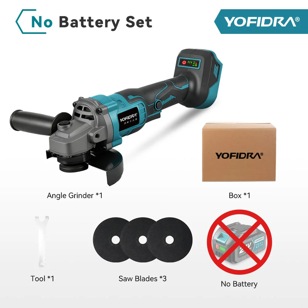 YOFIDRA 125mm Brushless Electric Angle Grinder 20000RPM Wood Metal Cutting Grinding Polishing Power Tool For Makita Battery Pin