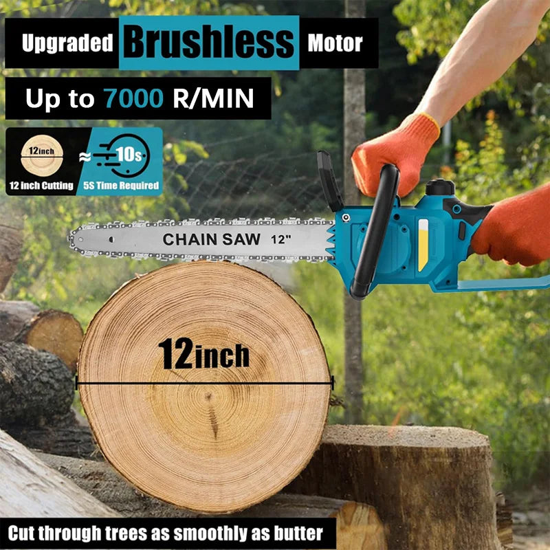600W Handheld Brushless Woodworking Chainsaw Power Tool For Makita 18V Battery 12-inch Cordless Blue Electric Chainsaw