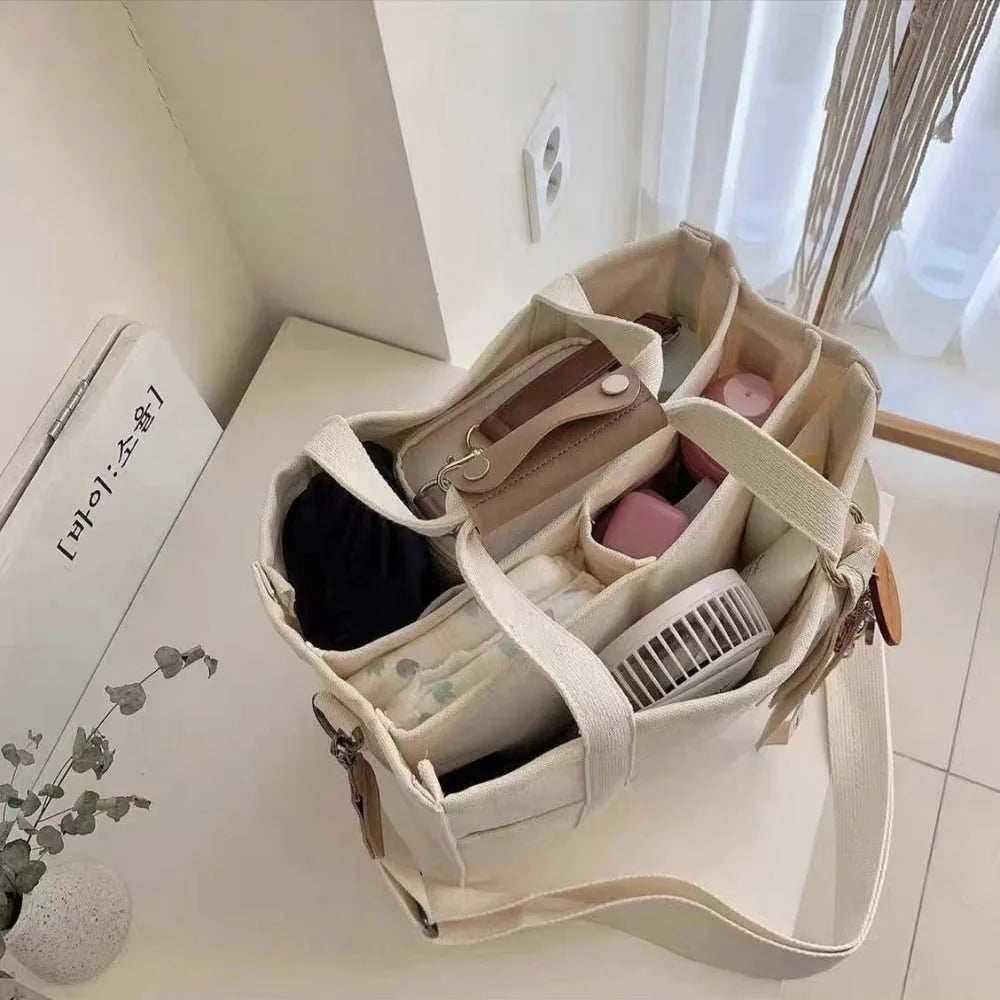 Women's Casual Canvas Handbag Multi-pocket Large Capacity Tote Bag Adjustable Shoulder Strap Casual Shoulder Shopper Bag Female