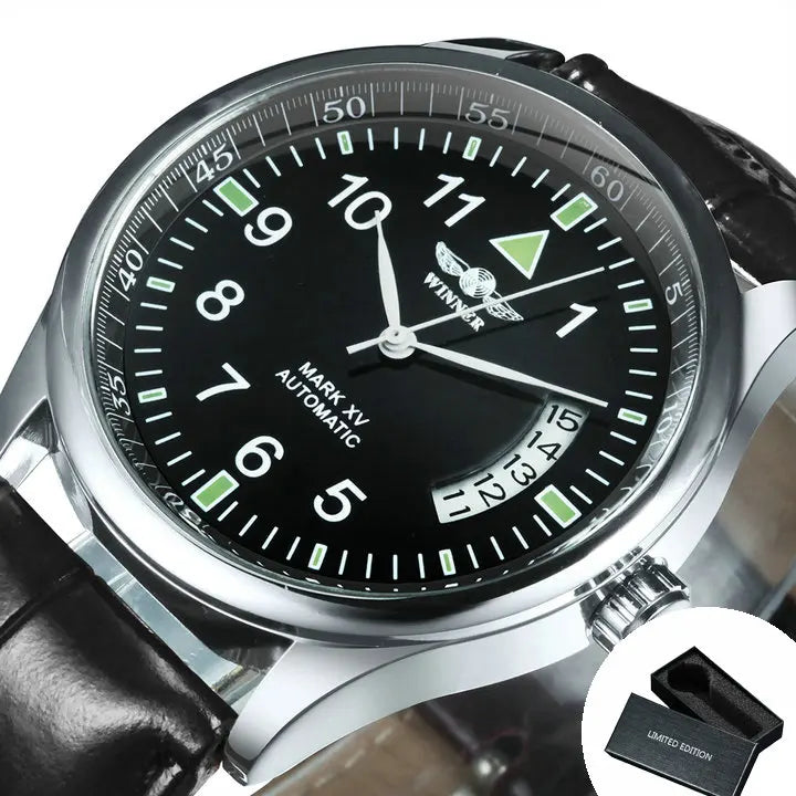 WINNER Business Automatic Watch for Men Calendar Window Fashion Black Dial Fashion Leather Strap Luxury Brand Mechanical Watches