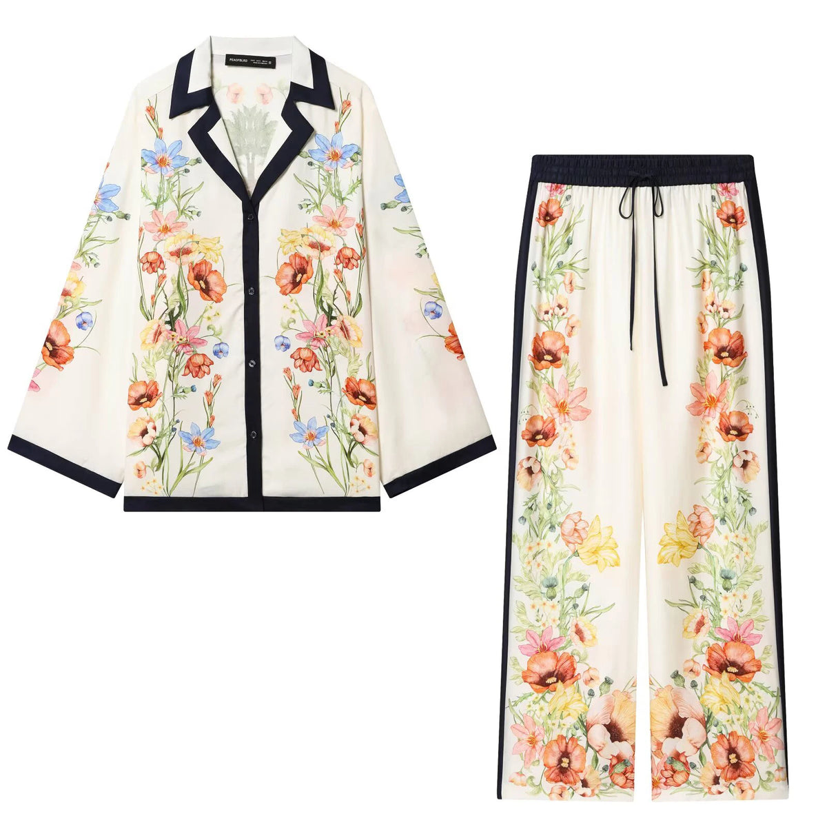 ZERAINS Casual style single row multi button lapel long sleeved contrasting printed shirt and printed pants set