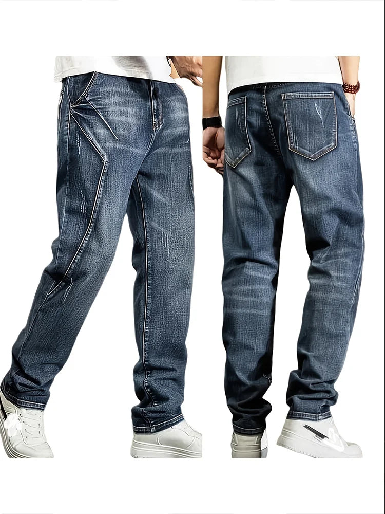 Men's New Straight Leg Stretchable Jeans Casual Pants with Personality Design Comfortable Fit Modern Style