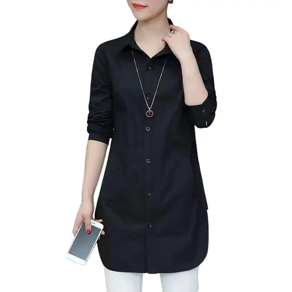 Women Shirt Solid Color Long Sleeve Single Breasted Turndown Collar Loose Streetwear Spring Summer OL Basic Shirt Blouse