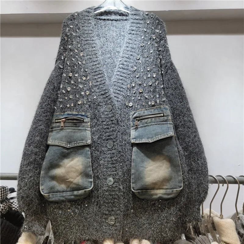 DEAT Women's Cardigan V-neck Patchwork Denim Pockets Diamonds Loose Long Sleeve Knitted Sweaters 2026 New Autumn Fashion 29A3243