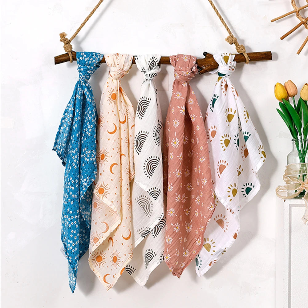 HappyFlute New Print 5Pcs/set 60*60CM Soft Muslin Swaddle Feeding Burp Cloth Newborn Pure Cotton Baby Face&Hand Wash Wipe