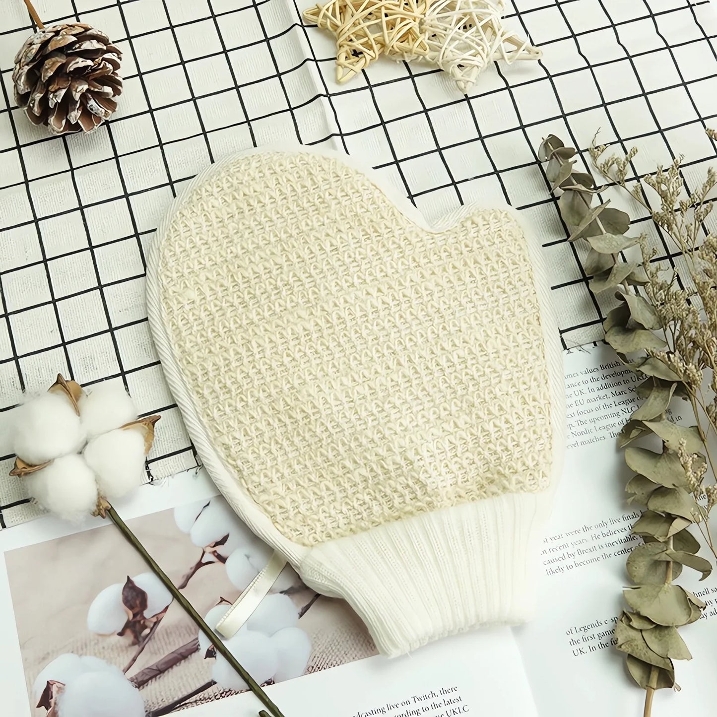 2-in-1 Exfoliating Glove - Cotton Linen Body Scrubber with Mesh Texture for Home Spa & Bath