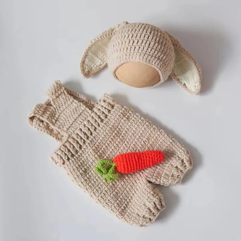 Cute Bunny Costume Newborn Photography Outfits Soft Knitted Rabbit Shape Hat and Jumpsuits with Carrot Clothes Baby Photo Props