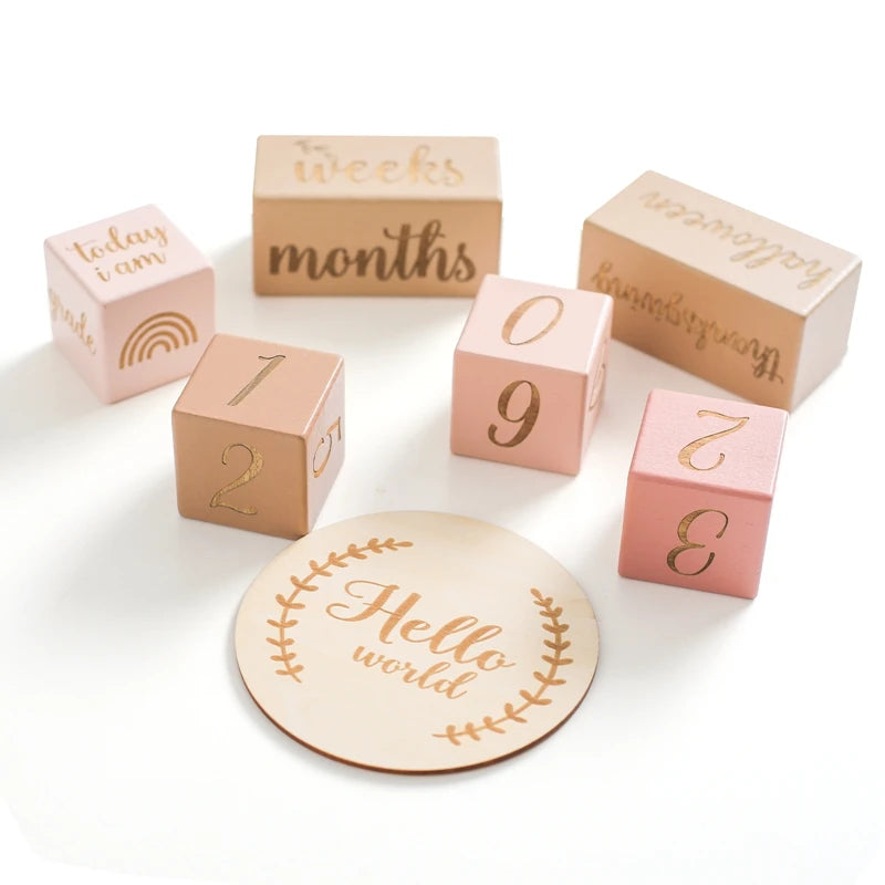 Baby Milestone Memorial Beech Wooden Blocks Quadrate Engraved Newborn Grow up Milestones Commemorate Block Photography Props