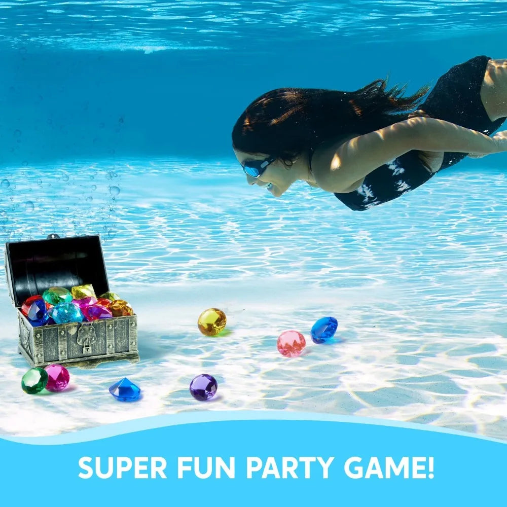 Sloosh Diving Gems Pool Toys16 Big Colorful Diamond with Pirate Treasure Chest Swim Dive Diving Underwater Toy Gift Toys
