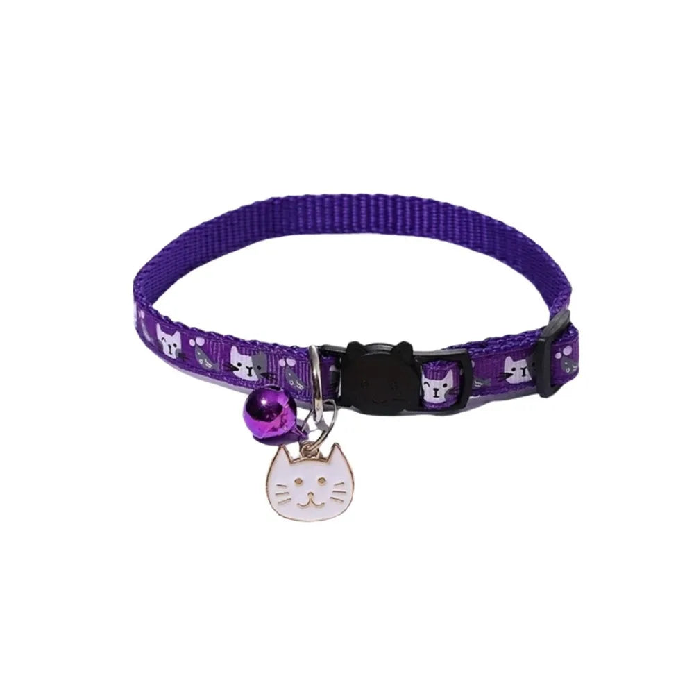 Adjustable Pet Cat Collar Quick Release Safety Buckle Anti-lost Cat Necklace Cat Pattern with Cat Face Pendant Bell