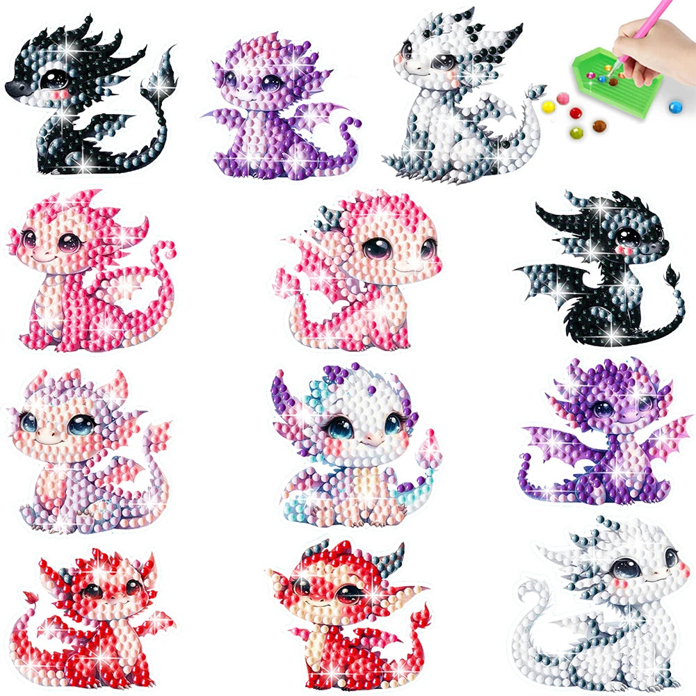 12Pcs Dragon Diamond Painting Sticker Cartoon Dragon Gem Sticker DIY Creative Mosaic Sticker Craft for Kids and Adult Beginners