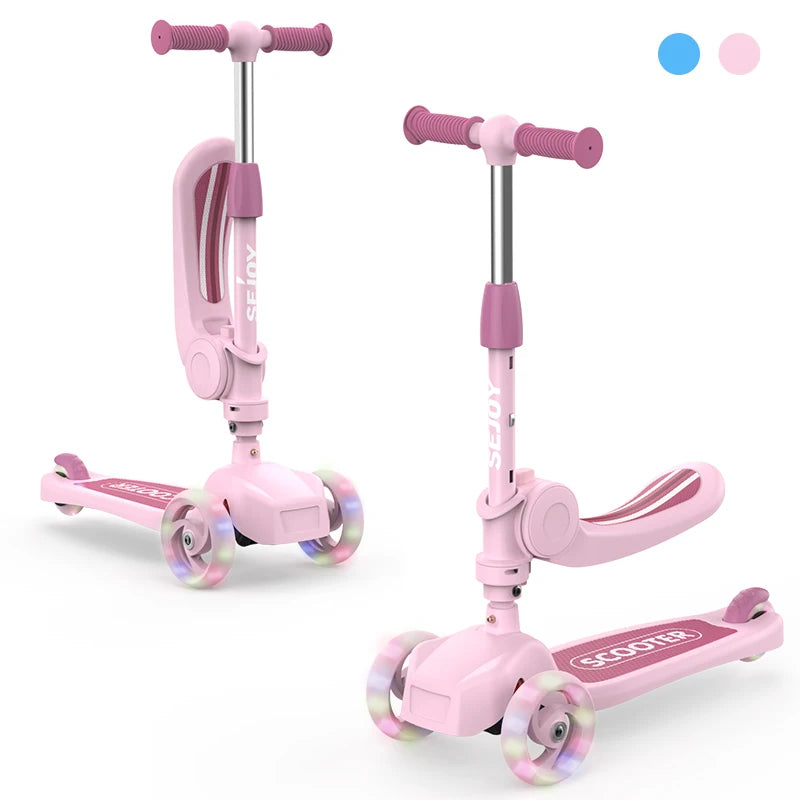 Sejoy Kick Scooter for Kids with 3-Wheeled Adjustable Lean-to-Steer Handlebar Foldable Seat - Sit or Stand Ride with Brake