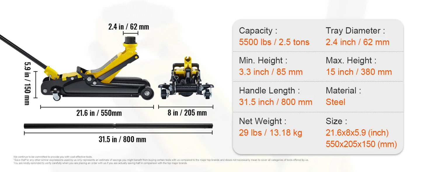 SucceBuy 2.5T Floor Hydraulic Jack Pneumatic Low Profile Floor Jack Heavy-Duty Steel Racing Floor Jack with Piston Lift Pump