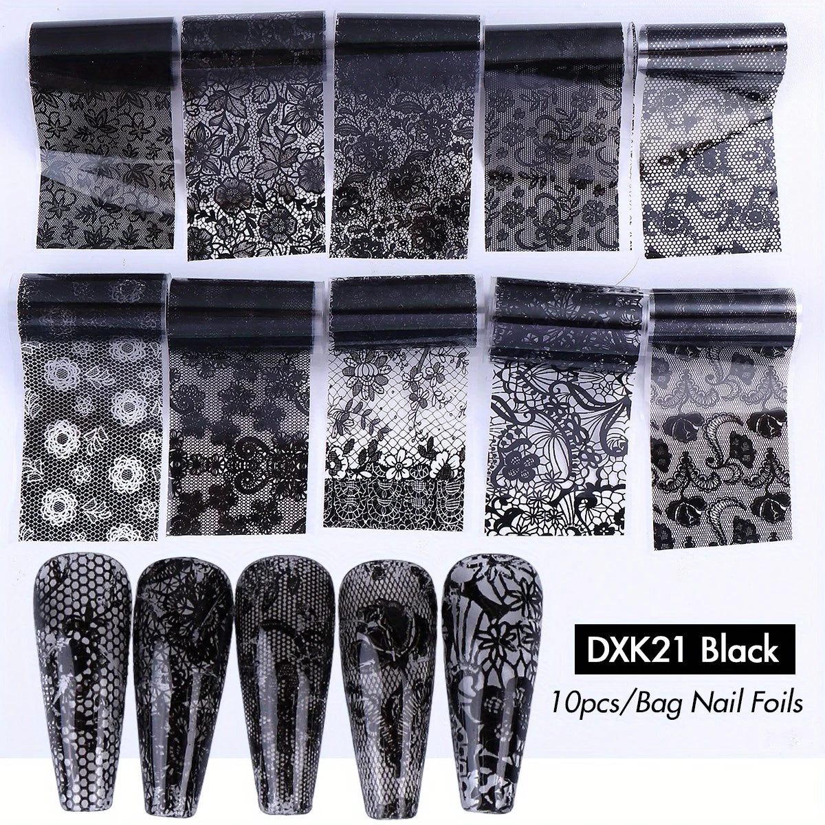 10/20pcs Elegant Black White Lace Flowers Nail Transfer Foils Fantasy Retro Floral Starry Sky Paper Sticker Manicure Accessories