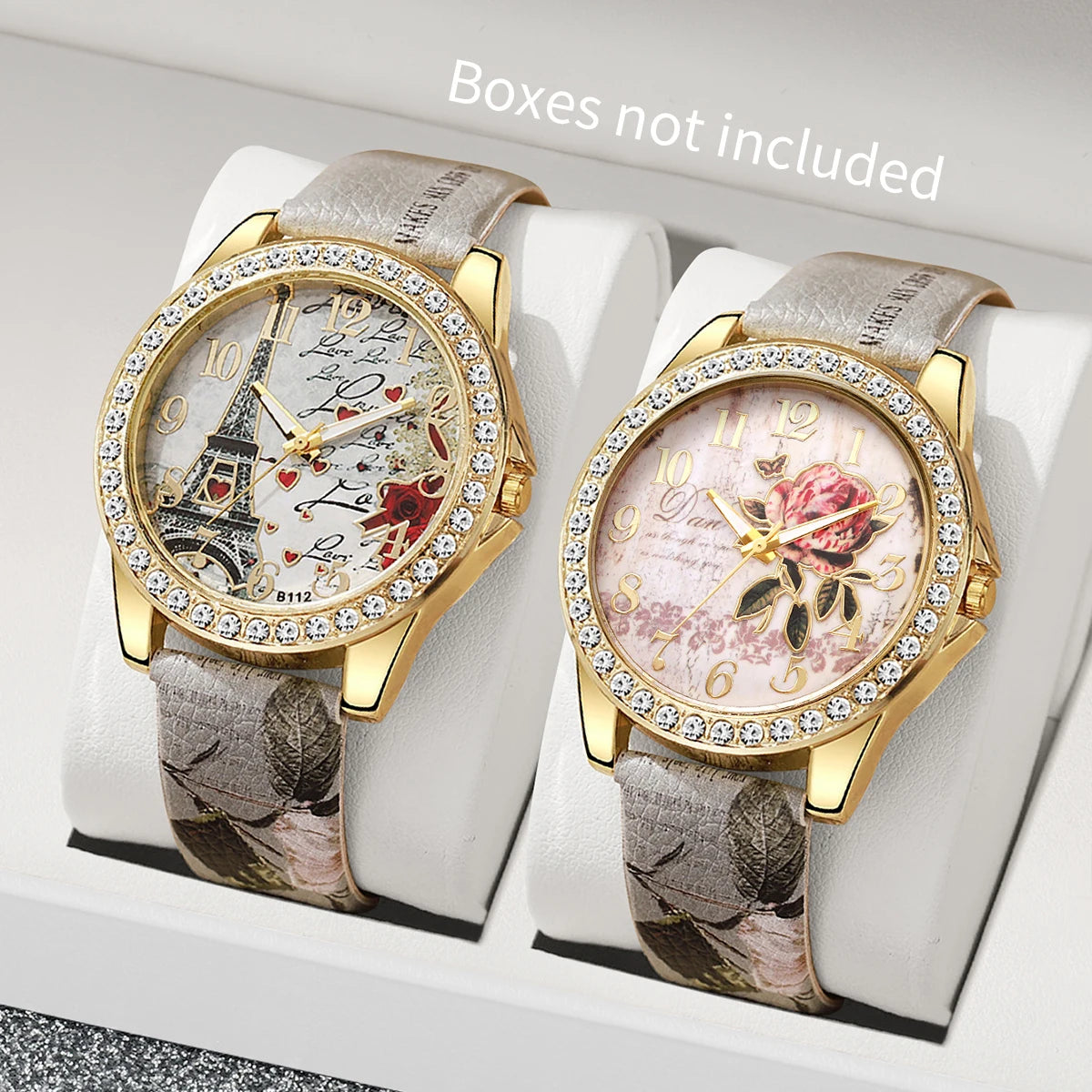 2/3/4/5PCS Fashion Rhinestone Women's Watch Flowers Printed Leather Band Female Quartz Watches Bracelets Set(Without Box)