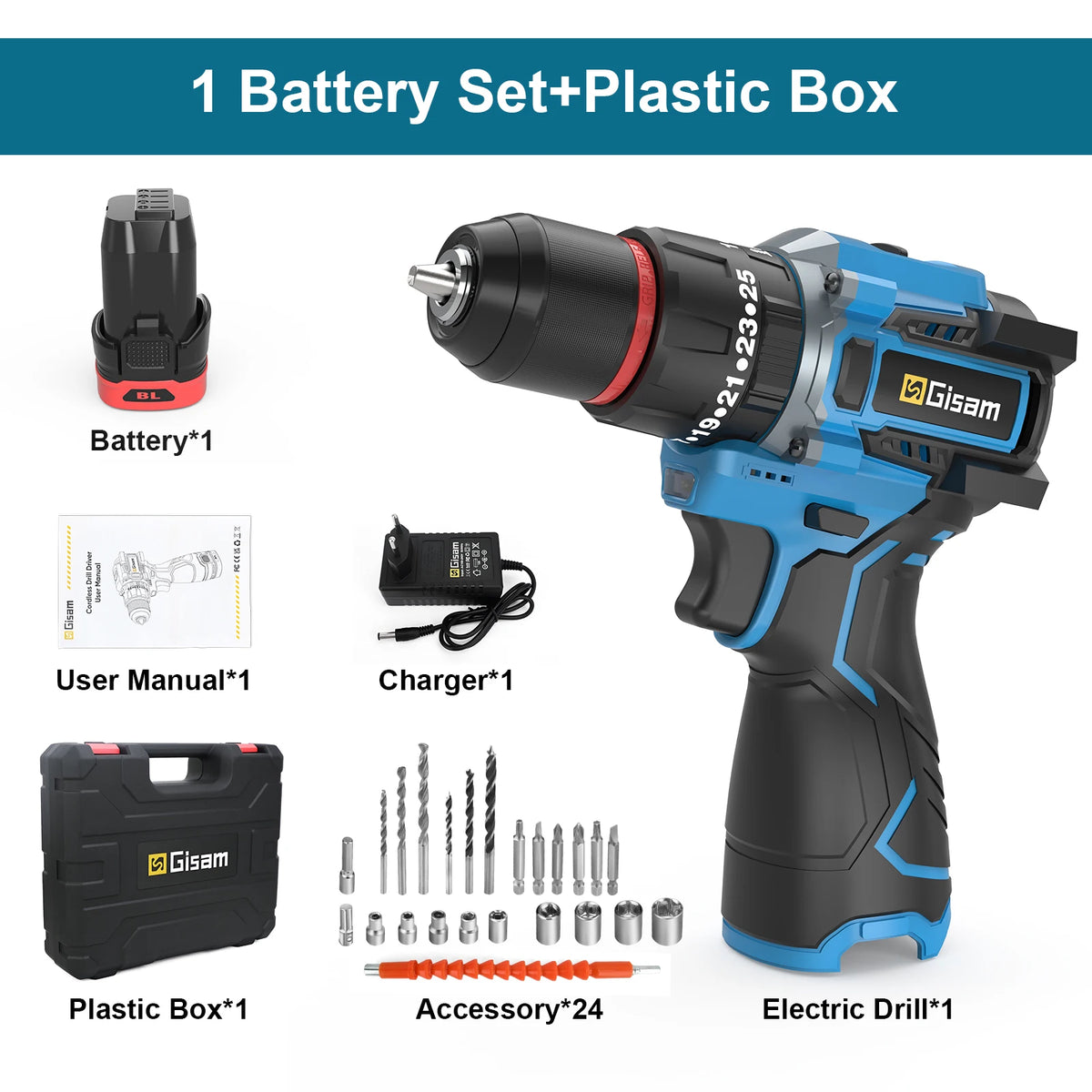 Gisam 95NM Brushless Electric Impact Drill 25+3 Torque 3 in 1 Cordless Electric Screwdriver Portable Power Tools For Home Woodwo