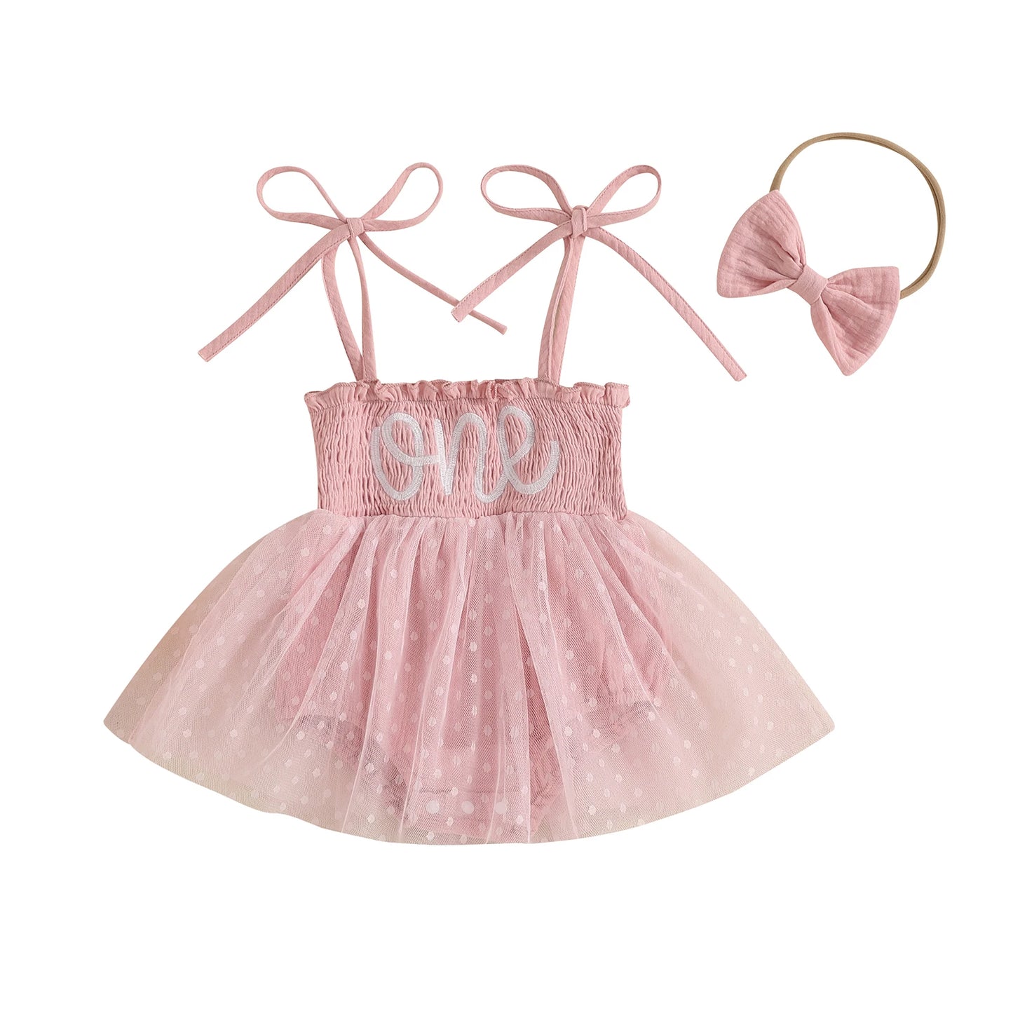 MISOWMNJOY Summer Mesh Tulle Baby Girl Romper Dress Infant Birthday Outfits Sleeveless Tie Strap Smocked Bodysuit with Headband