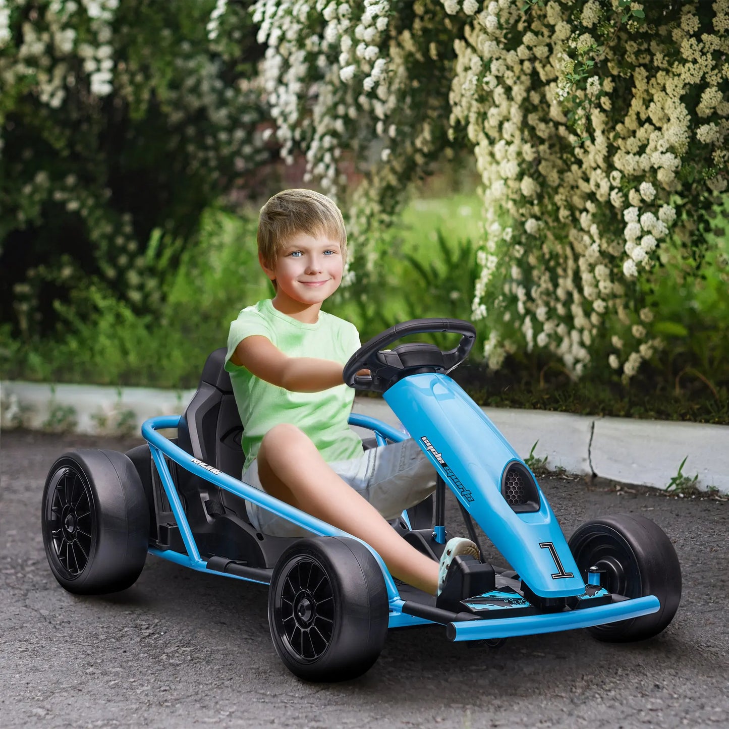 Electric Go-kart for children 8-12 years old with high backrest and safety belt, 115x77x54 cm, blue and black, electric stroller, toy kart, children's kart