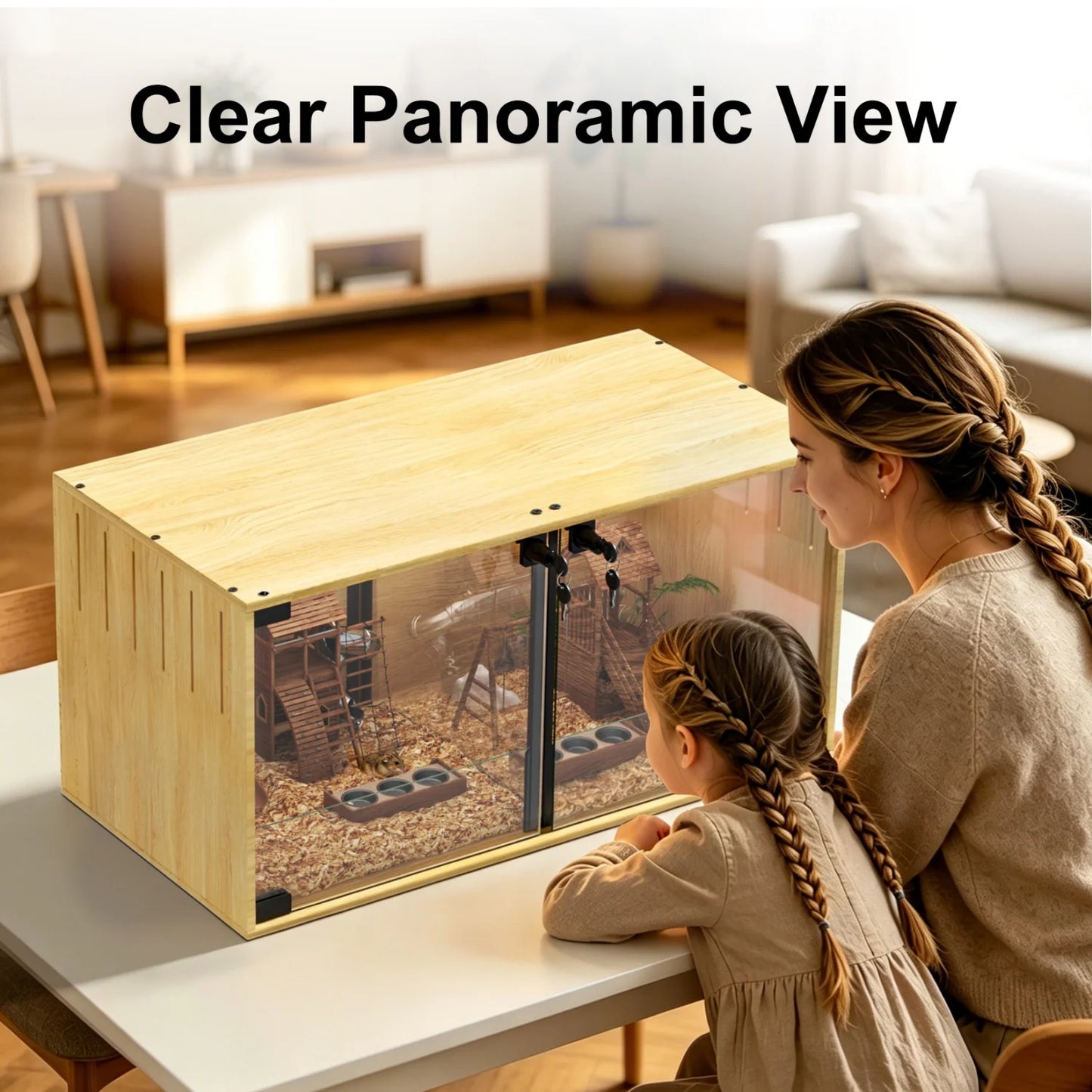 Wooden Hamster Guinea Pigs Cage Mice and Rat Habitat with Removable Divider Tempered Glass Panels Chew-proof Small Animals Cage for Small Pets