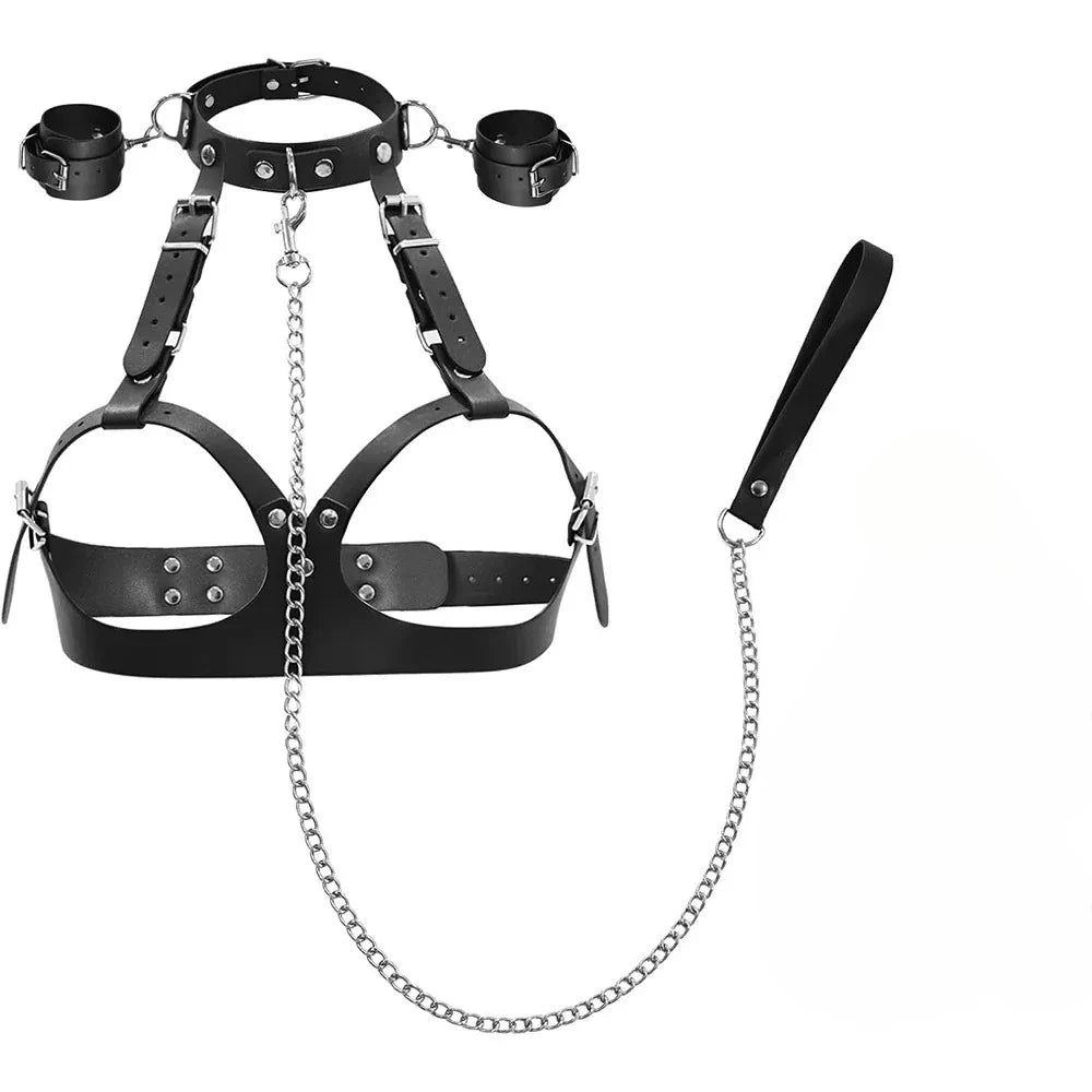 Adjustable Handcuffs and Leg Cuffs PU Collar and Bra Couple Toys BDSM Training Bondage Sex Toys SM Slave Props for Men and Women