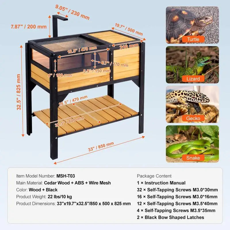 Turtle House Turtle Habitat Indoor Outdoor Wooden Turtle Enclosure with Lighting Stand Support Legs Reptile Cage Small Animals Gecko Lizard Snake