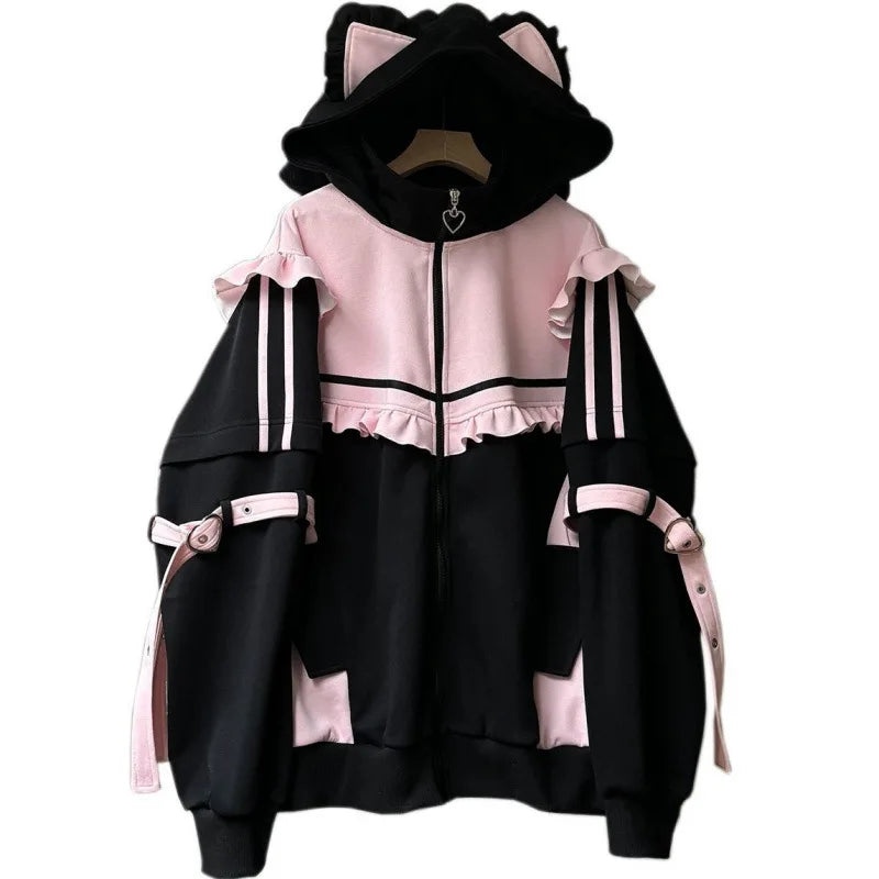 Cute Cat Ears Contrast Color Hoodies Coat Women Ruffled Patchwork Loose Sweatshirt Harajuku Zipper Y2k Aesthetic Casual Hoody