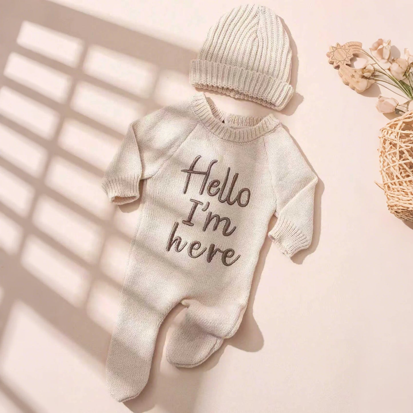 Ylsteed "Hello" Embroidery Knitting Newborn Birth Announcement Outfits Footed Jumpsuit Baby Boy Girl Photography Props Newborn