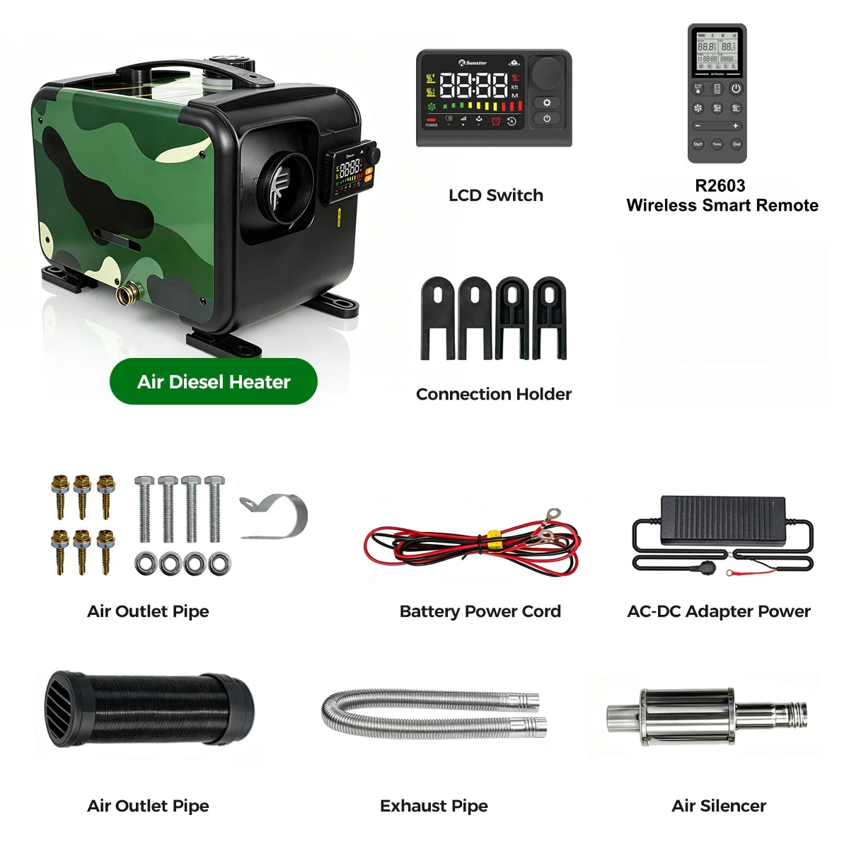 Sunster Portable Camo Diesel Air Heater 8KW with Handle 12/24V 110-240V All in One Smart Heater 35dB Quiet Fast Heat No Cold Air CO Monitor Kit for Motorhome Trailer Pickup Camping