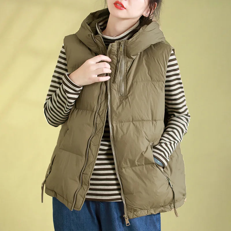 Schinteon Women 90% White Duck Down Vest with Hood Autumn Winter Over Size Casual Sleeveless Jacket Top Fashionable Gilet 2026