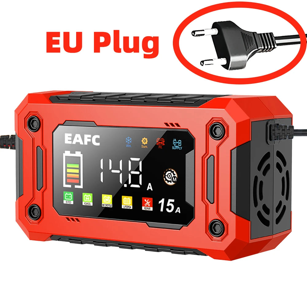 Newest 12V Car Battery Charger 15A/8A Pulse Repair Large Display Smart Charger for Car Motorcycle Lead Acid AGM GEL Batteries