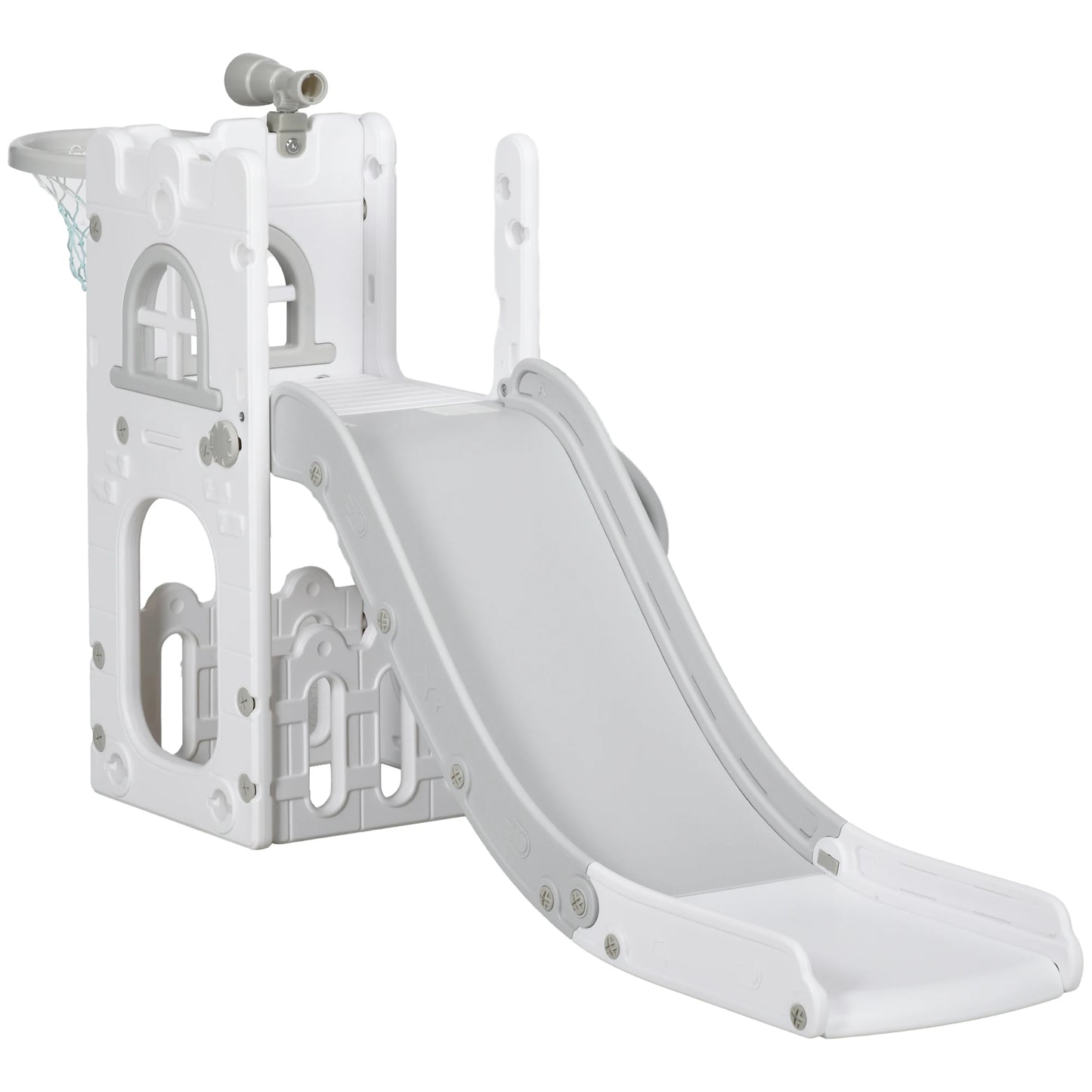 5-in-1 children’s slide, toddler slide with basketball hoop, gray telescopic play gym 70x177x92 cm