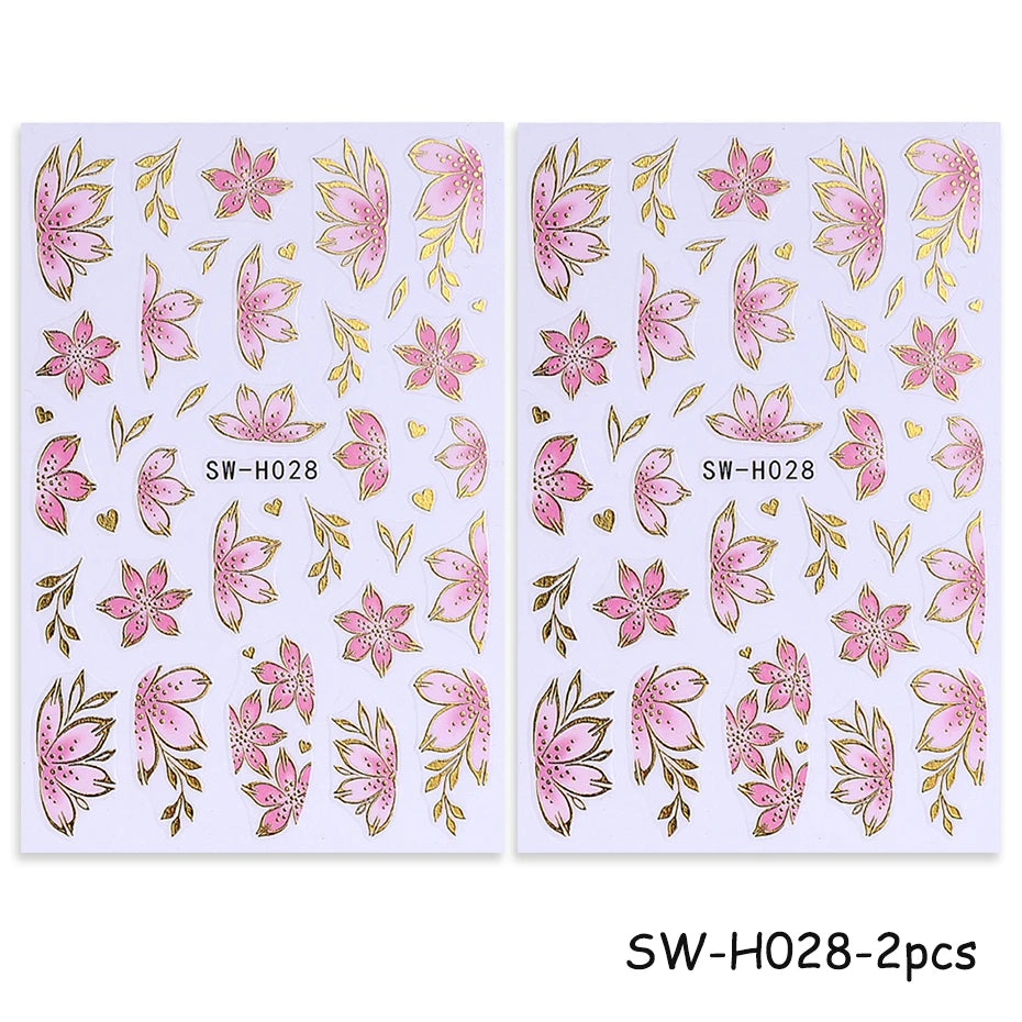 2/3pcs Golden Pink Hibiscus Flower Nail Stickers 3D Bronzing Border Petals Sakura Line Sliders Nail Decals DIY Manicure Decor