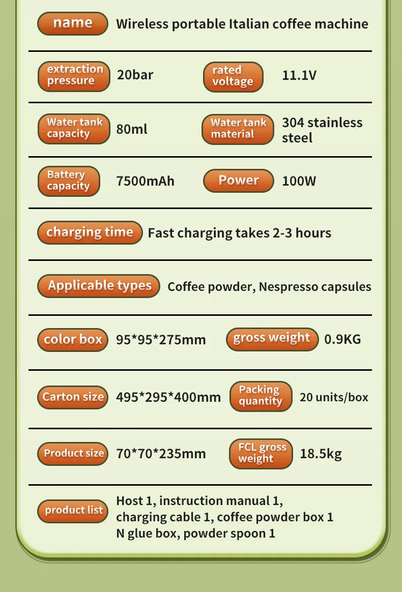 20 Bar Self-Heating Wireless Portable Espresso Maker, One-Click Automatic Extraction Mini Coffee Machine, Multi Capsule Compatible Rechargeable Travel Coffee Maker, Compact Portable Coffee Brewer for Car, Road Trip, Camping,