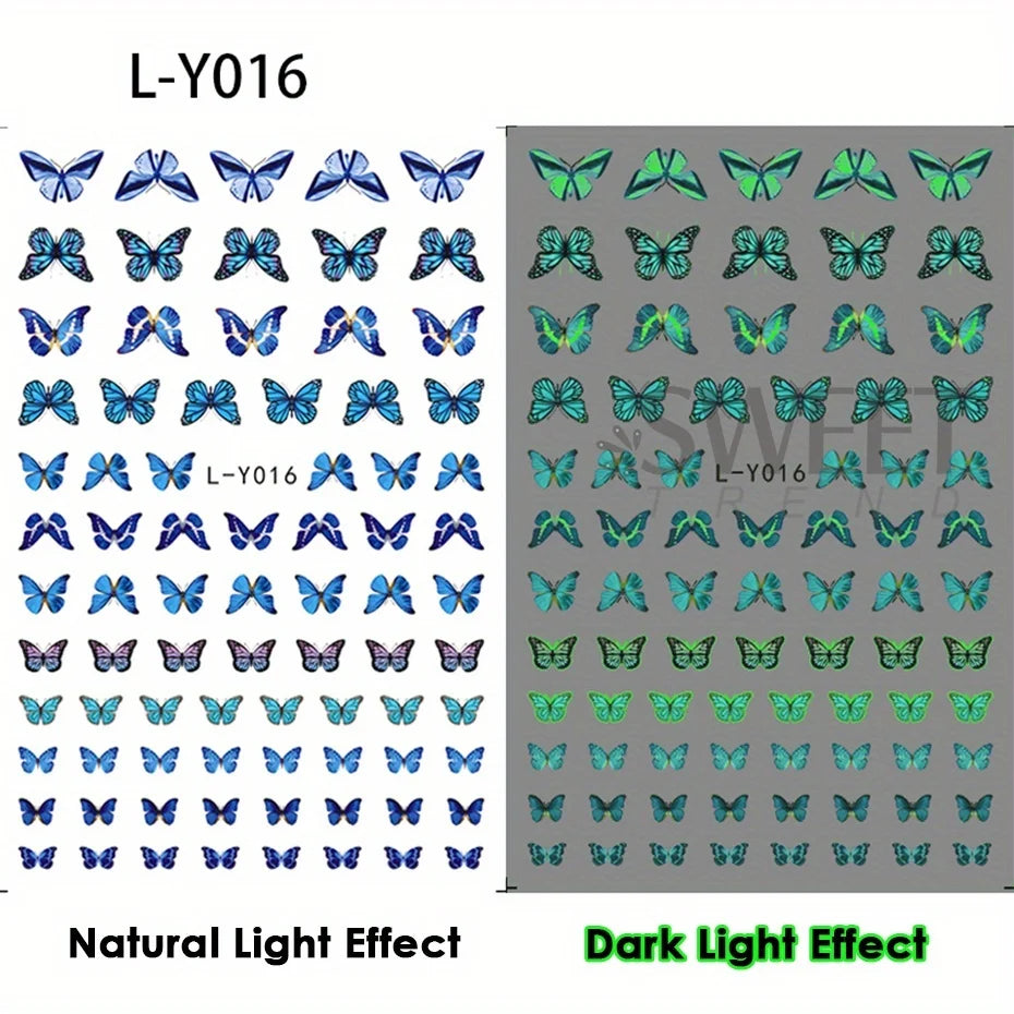 3pcs Luminous Butterfly Nail Decal Stickers Colorful Blue Butterfly Series Design Glow In The Dark Night Polish Sliders Manicure
