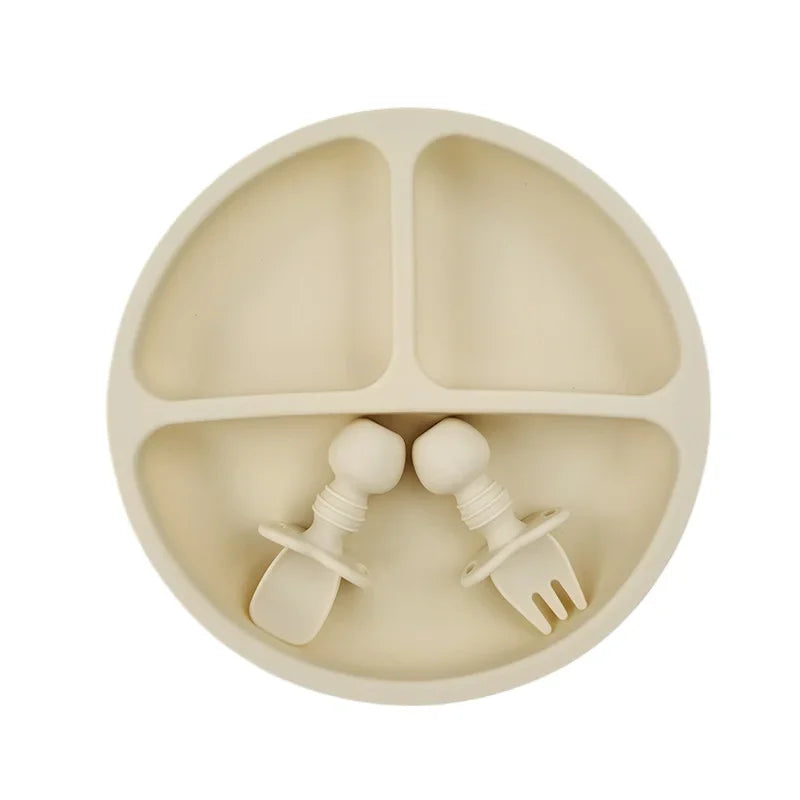 BPA Free Silicone Baby Plate with Spoon Fork Bibs Children Dishes Safe Baby Dining Plate with Suction Smile Face Plates for Kids