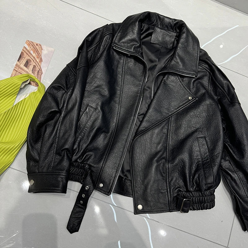 New Outerwear Leather Jacket Women American Retro Top Sheepskin Bubble Leather Double Lapel Loose Profile Coffee Locomotive Coat