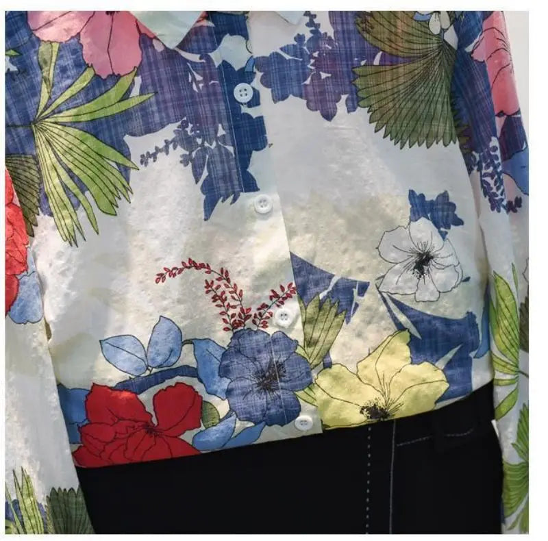 Blue Floral Print Vintage Polo-Neck Single Breasted Long Sleeve Women's Blouse Shirt Casual Female Clothing Tops Fashion 2024