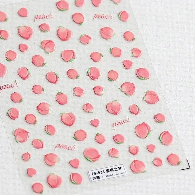 Lovely Red Fruit Strawberry Cherry Bowknot Love Heart Star Silk Ribbon 5D Nail Art Stickers Chic Self Adhesive Manicure Decal