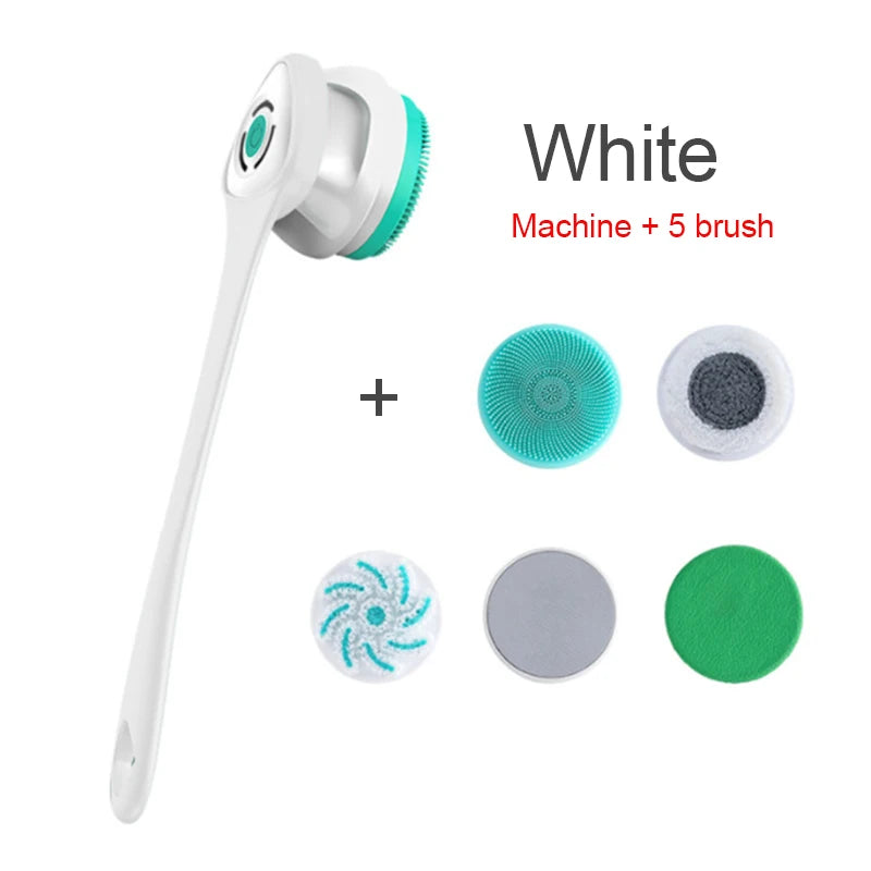 Electric Bath Brush 5-in-1 Long Handle Rechargeable Spin Body Facial Scrubber Back Rubbing Cleaning Massage Spa Shower Brush