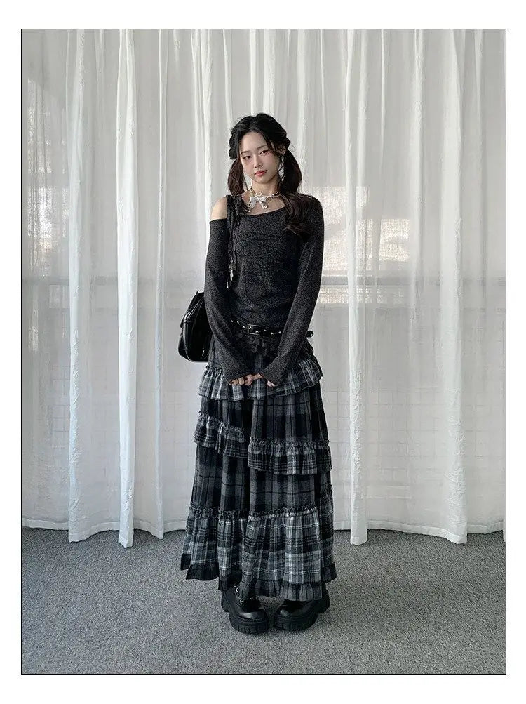 Y2k Vintage Long Skirts Plaid Ruffles Patchwork Harajuku Casual Loose Cake Skite Punk Gothic Streetwear All Match Women Clothing