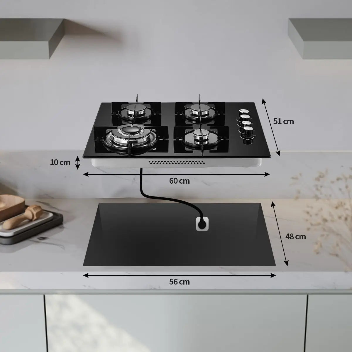 Tieasy 4 Burner 60cm Kitchen Built in Cooktop Tempered Glass NG/LPG Gas Hob YYUKGCT-B04
